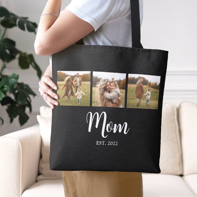 Mom Established Script Black 3 Photo Tote Bag (Mom established year 3 photo custom tote bag gift - perfect for Birthdays and Mother's Day)