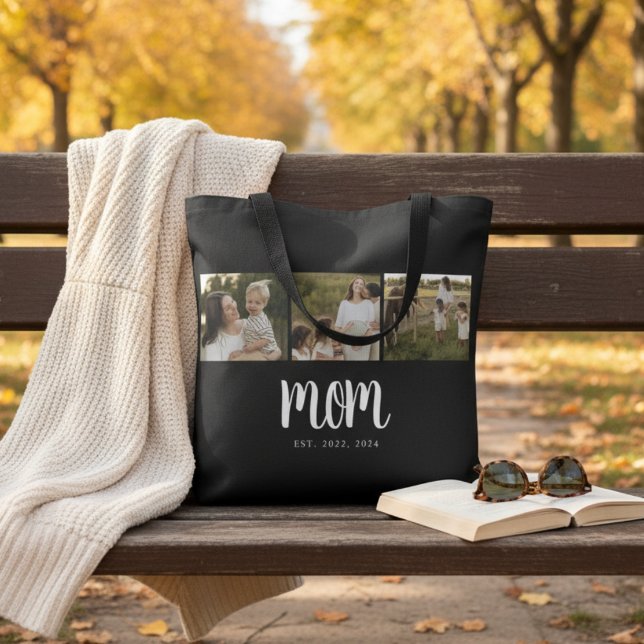 Mom Established Script Black 3 Photo Tote Bag (elegant minimal 3 photo mom established tote bag with dates and space for 2, 3 or more children gift)