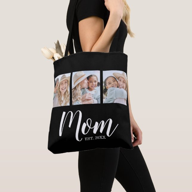 Mom Established Script Black 3 Photo Tote Bag (Close Up)