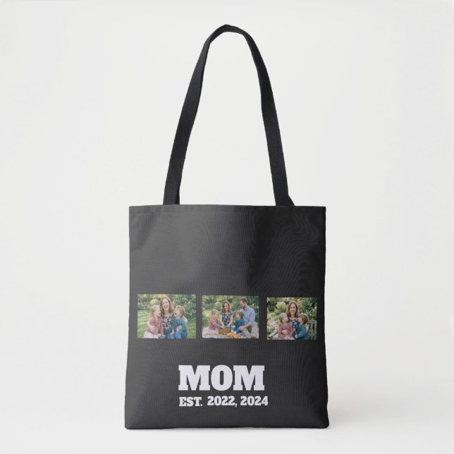 Mom Established Script Black 3 Photo Tote Bag (Front)