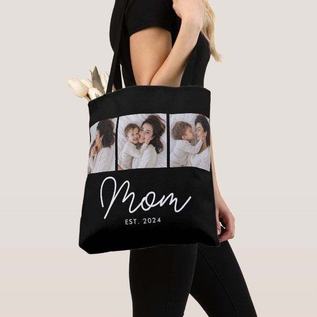 Mom Established Script Black 3 Photo Tote Bag (Close Up)