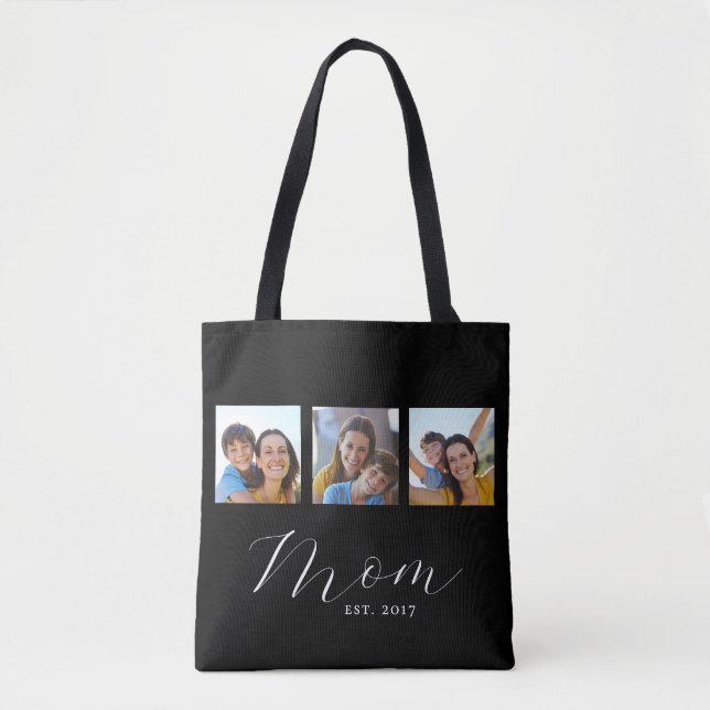 Mom Established Script Black 3 Photo Tote Bag (Front)