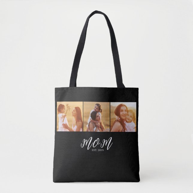 Mom Established Script Black 3 Photo Tote Bag (Front)