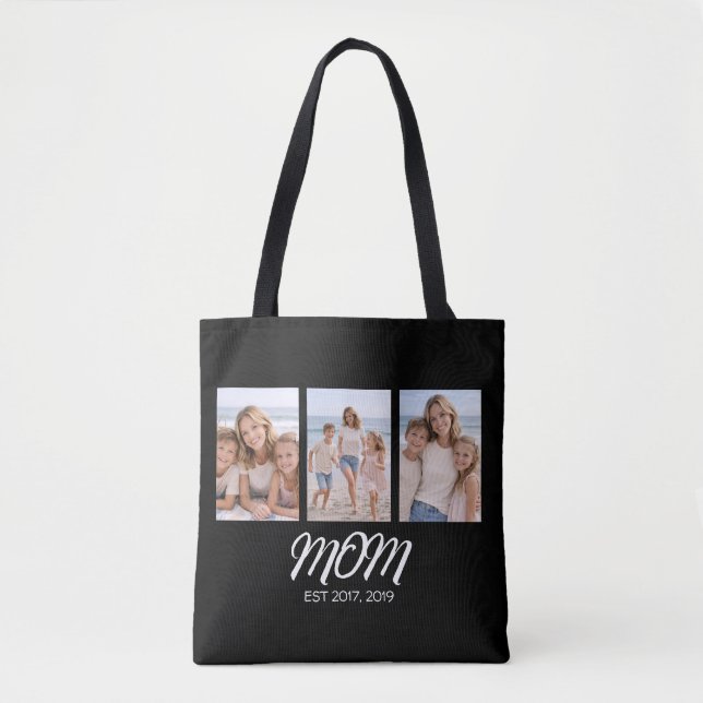 Mom Established Script Black 3 Photo Tote Bag (Front)