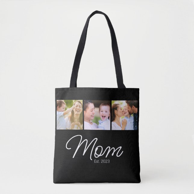 Mom Established Script Black 3 Photo Tote Bag (Front)