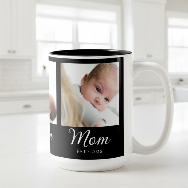 Mom Established Script Black 3 Photo  Two-Tone Coffee Mug (Creator Uploaded)