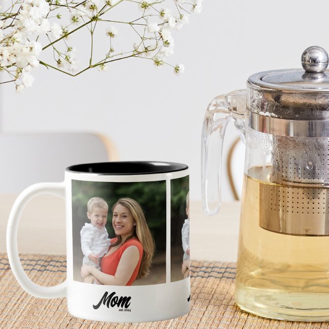Mom Established Script Black 3 Photo Two-Tone Coffee Mug (Creator Uploaded)