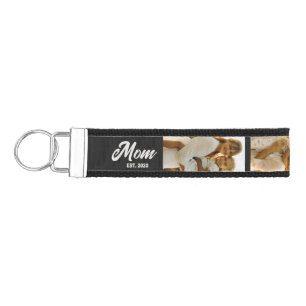 Mom Established Script Black 3 Photo Wrist Keychain