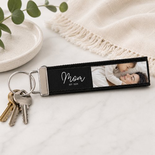 Mom Established Script Black 3 Photo Wrist Keychain