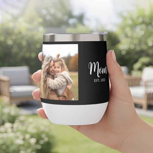 Mom Established Script Black and White Photo Thermal Wine Tumbler (Mom established - personable with her name, a favorite photo plus year she became a mom)