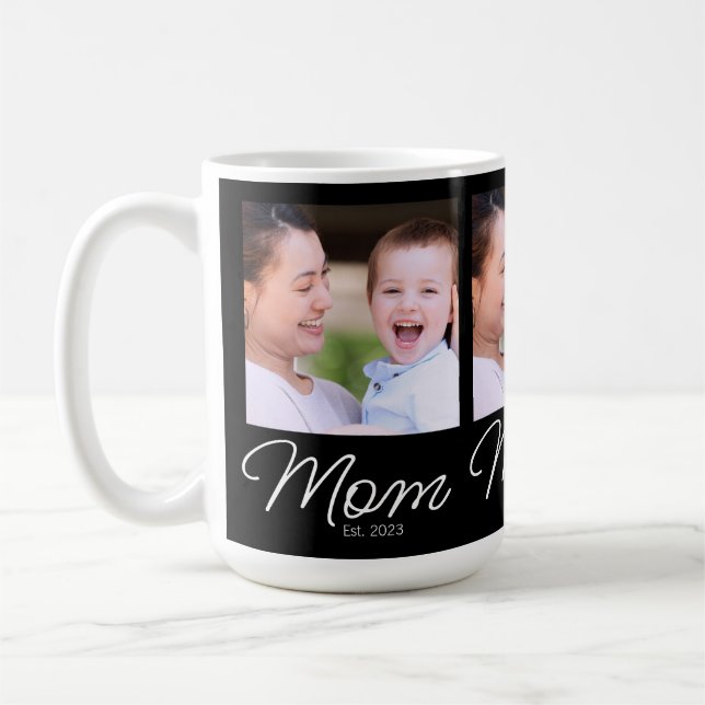 Mom Established Script Black Photo Coffee Mug (Left)