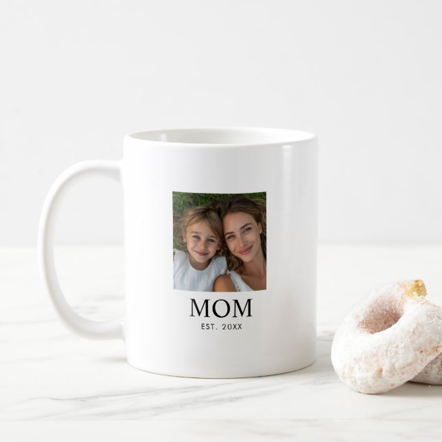 Mom Established Script Black Photo Coffee Mug (With Donut)