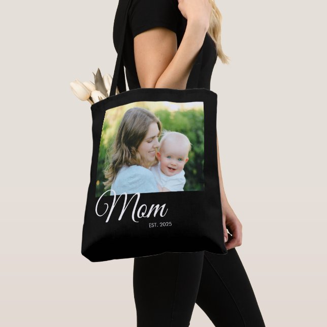 Mom Established Script Black Photo Gift Tote Bag (Close Up)