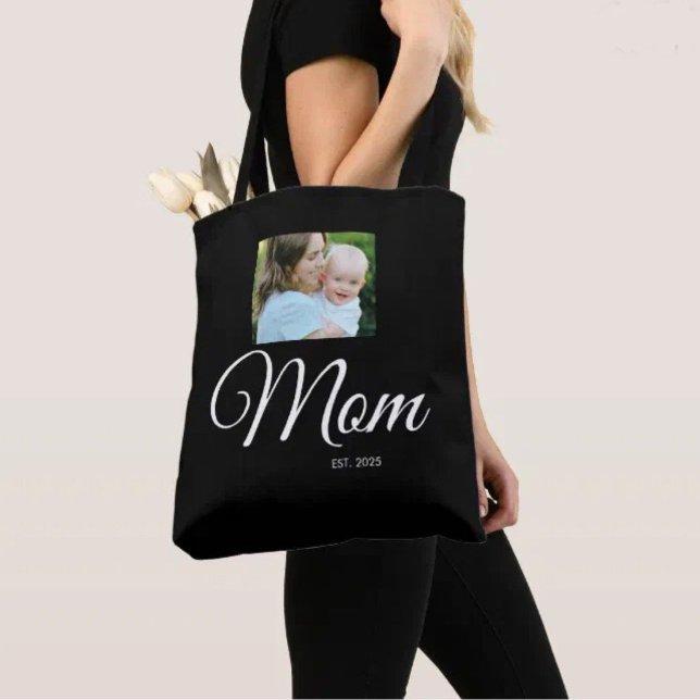 Mom Established Script Black Photo Gift Tote Bag (Creator Uploaded)