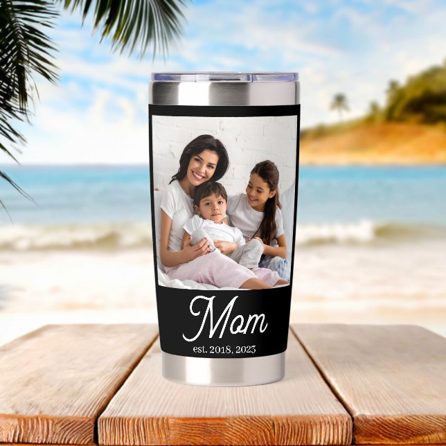 Mom Established Script Black Photo Insulated Tumbler (Beach (Rotated))