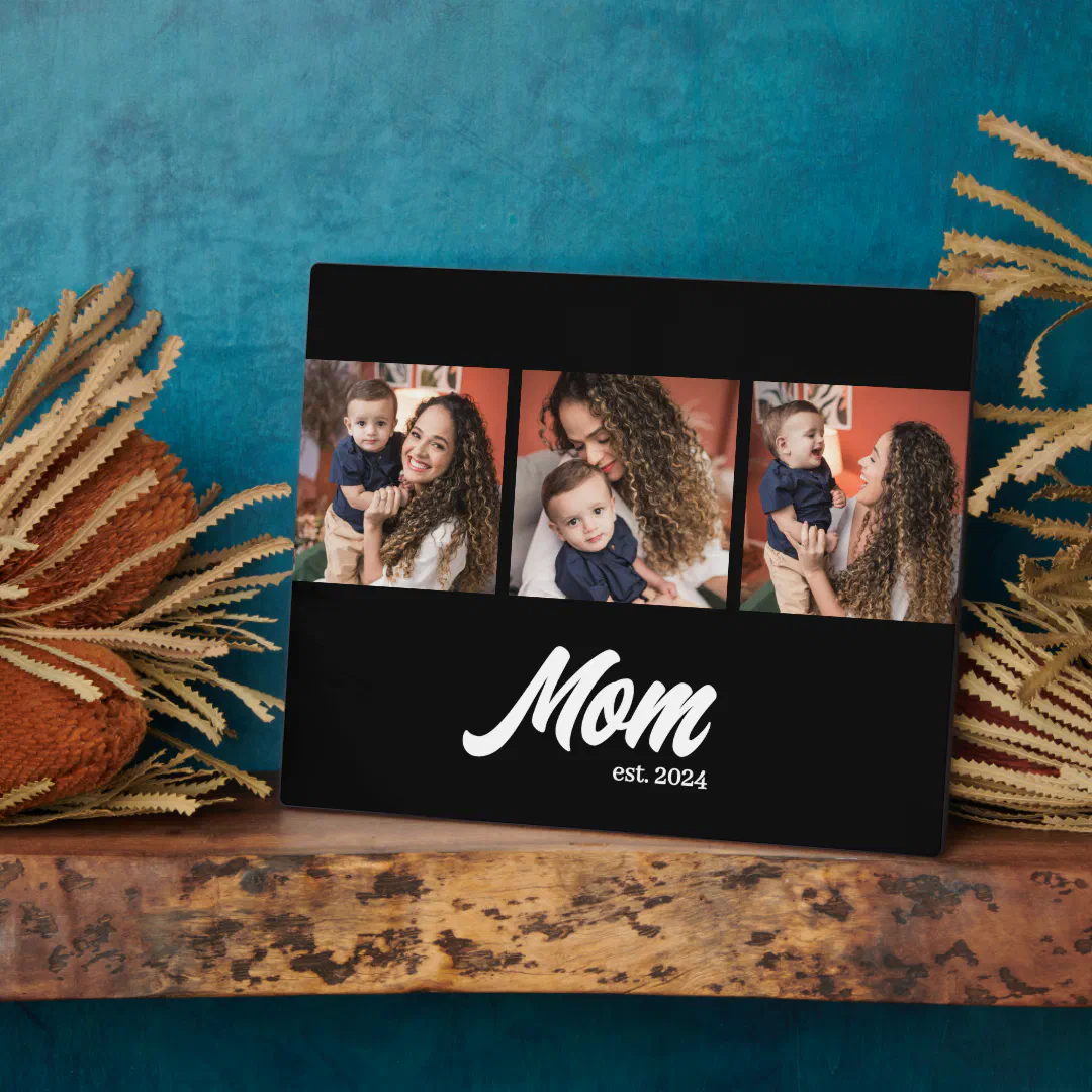 Mom Established Script Black Photo Plaque