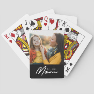 Mom Established Script Black Photo Poker Cards