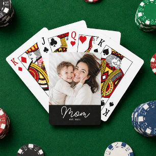 Mom Established Script Black Photo Poker Cards