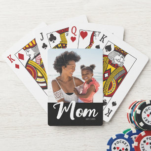 Mom Established Script Black Photo Poker Cards