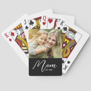 Mom Established Script Black Photo Poker Cards