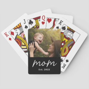 Mom Established Script Black Photo Poker Cards