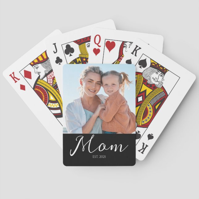 Mom Established Script Black Photo  Poker Cards (Back)