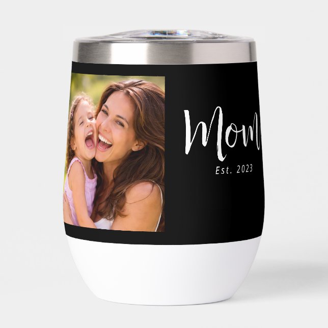 Mom Established Script Black Photo Thermal Wine Tumbler (Front)