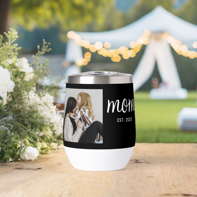 Mom Established Script Black Photo Thermal Wine Tumbler (Wedding (Rotated))