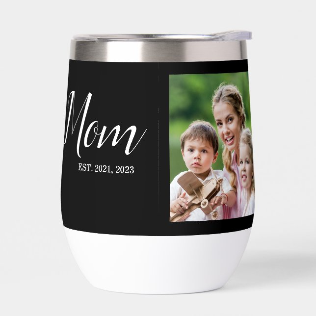 Mom Established Script Black Photo  Thermal Wine Tumbler (Left)