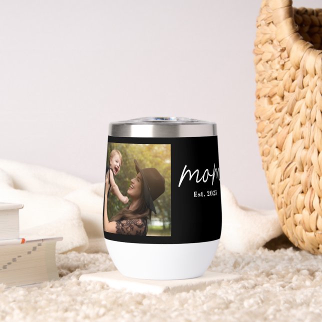 Mom Established Script Black Photo Thermal Wine Tumbler (Living Room (Rotated))