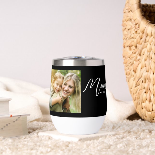 Mom Established Script Black Photo Thermal Wine Tumbler (Living Room (Rotated))