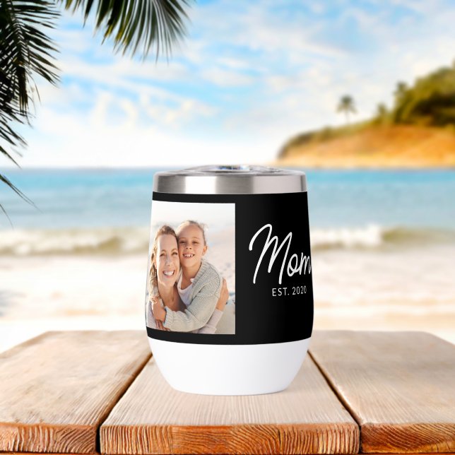 Mom Established Script Black Photo Thermal Wine Tumbler (Beach (Rotated))