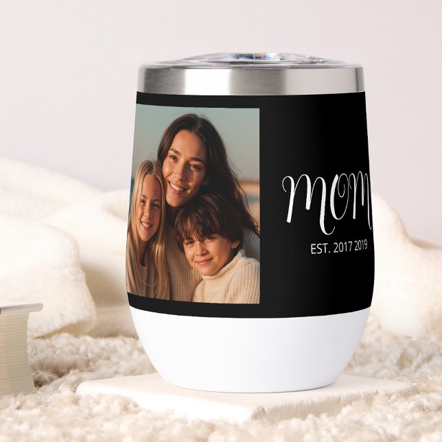 Mom Established Script Black Photo Thermal Wine Tumbler (Creator Uploaded)