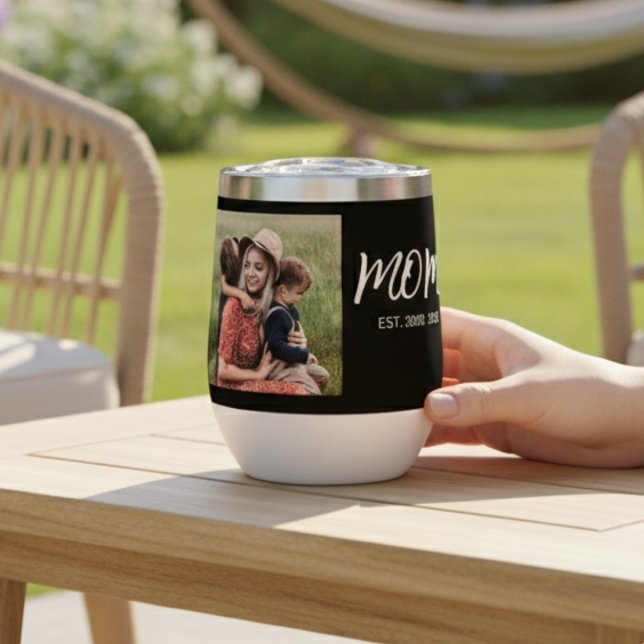 Mom Established Script Black Photo Thermal Wine Tumbler (Creator Uploaded)