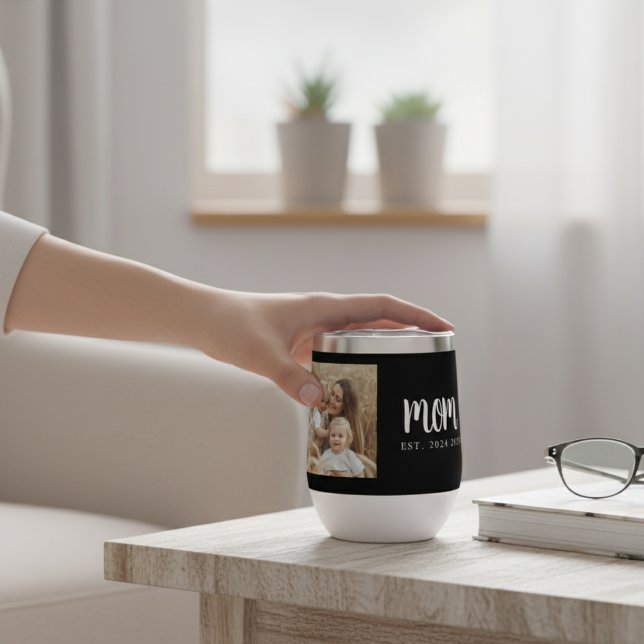 Mom Established Script Black Photo Thermal Wine Tumbler (modern script mom custom established dates with photo for mother's day or christmas gift for new mom)