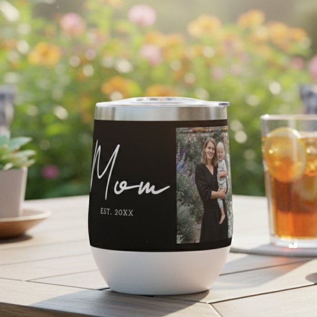 Mom Established Script Black Photo Thermal Wine Tumbler (Creator Uploaded)