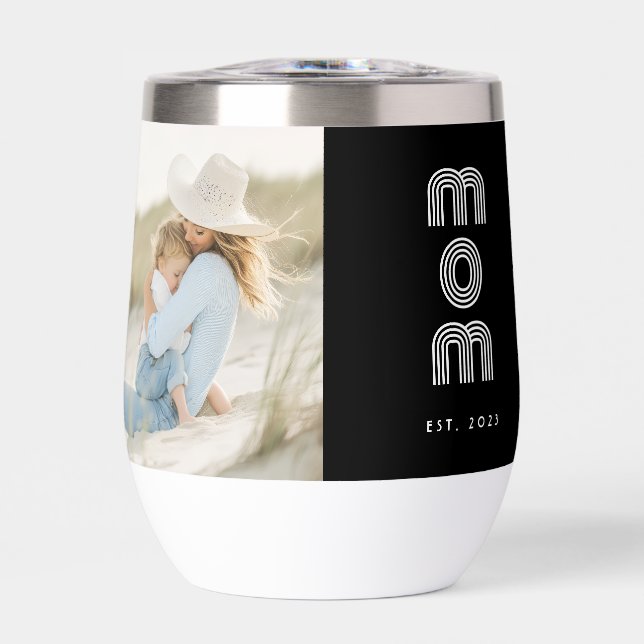 Mom Established Script Black Photo Thermal Wine Tumbler (Front)