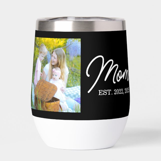 Mom Established Script Black Photo Thermal Wine Tumbler (Back)