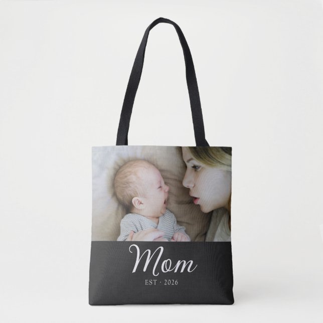 Mom Established Script Black Photo  Tote Bag (Front)