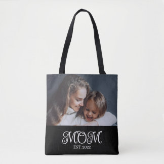 Mom Established Script Black Photo Tote Bag