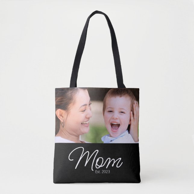 Mom Established Script Black Photo Tote Bag (Front)