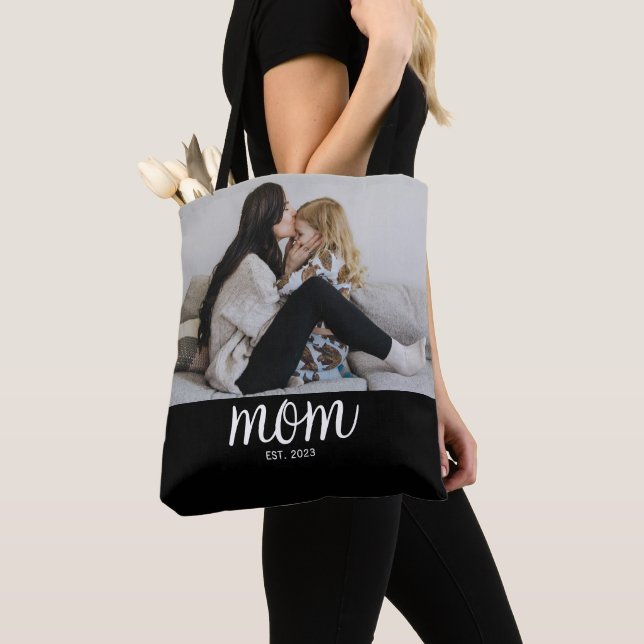 Mom Established Script Black Photo Tote Bag (Close Up)