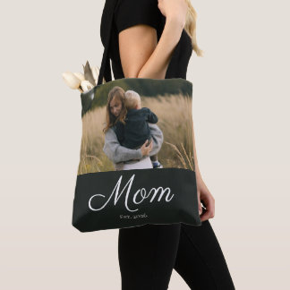 Mom Established Script Black Photo Tote Bag