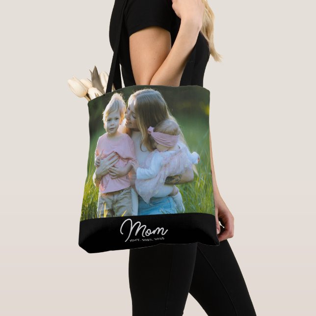 Mom Established Script Black Photo Tote Bag (Close Up)