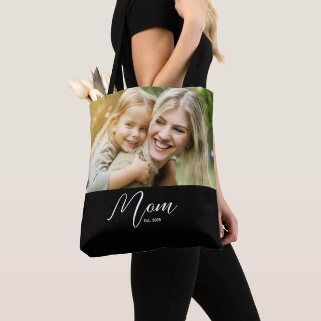 Mom Established Script Black Photo Tote Bag (Close Up)