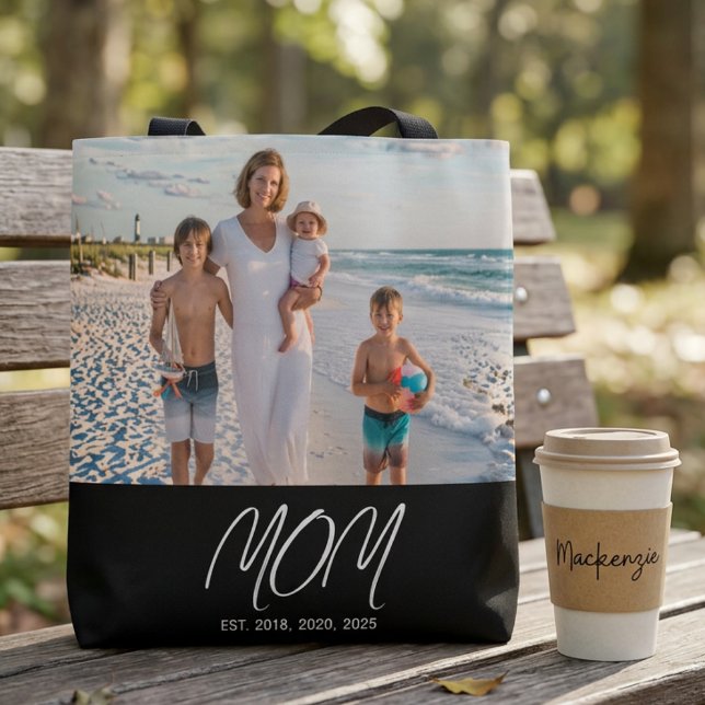 Mom Established Script Black Photo Tote Bag (Creator Uploaded)