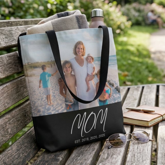 Mom Established Script Black Photo Tote Bag (Creator Uploaded)