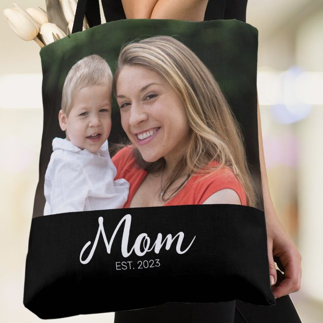 Mom Established Script Black Photo Tote Bag (Creator Uploaded)