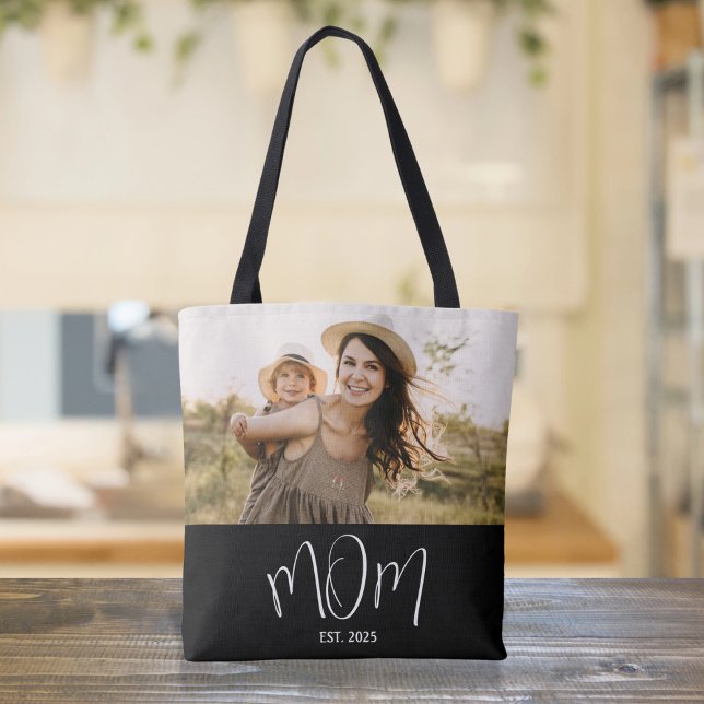 Mom Established Script Black Photo Tote Bag (Creator Uploaded)