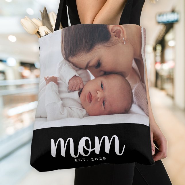 Mom Established Script Black Photo Tote Bag (Creator Uploaded)